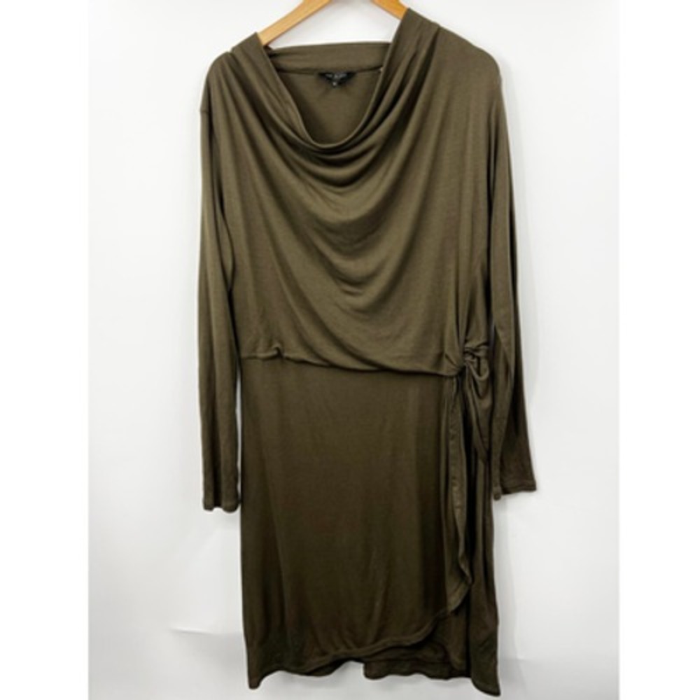 Ted Baker London Dress Womensn 4 Green Brown Draped Jersey Stretch‎ Long Sleeve